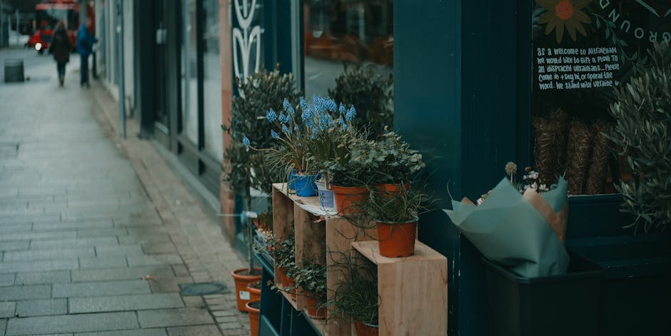 A display of various potted flowers arranged on a wooden shelf outside a shop, featuring blue, white, and orange blossoms with green foliage. The pots are made of terracotta and ceramic, placed on a l