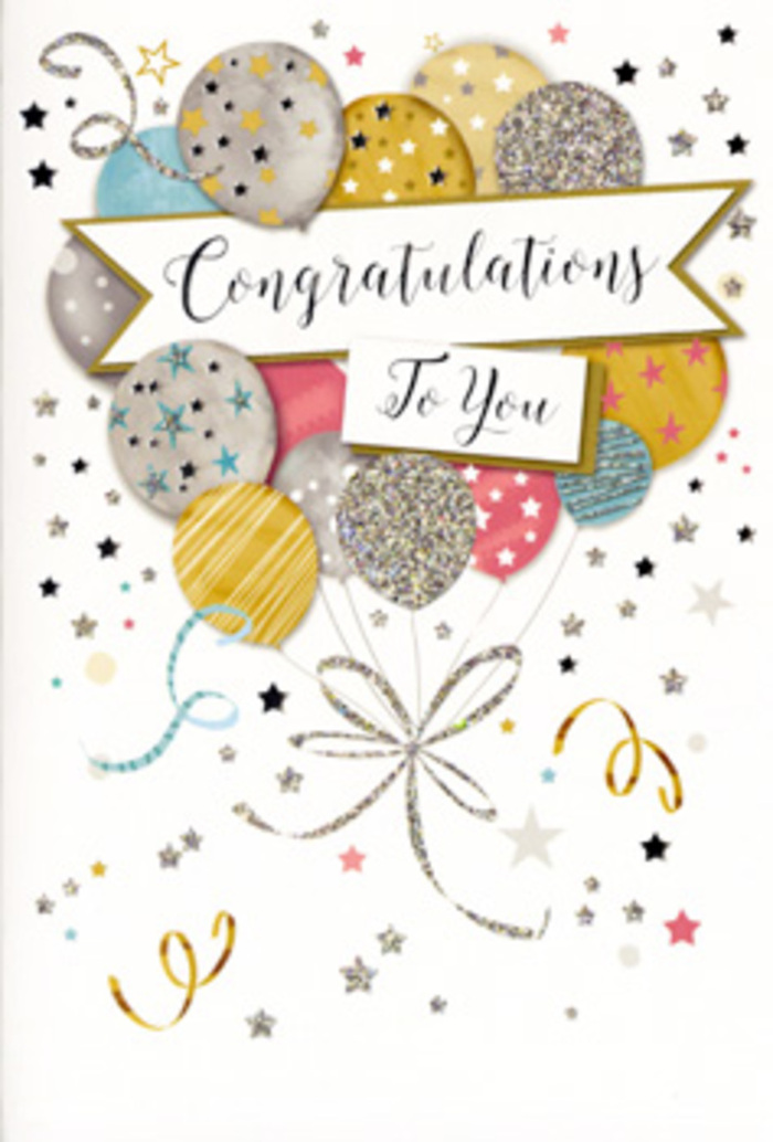 The congratulations card in this image feels like an illustration of a joyful moment frozen in time, the way a celebration might linger in the air over Lisson Grove after good news has been shared. The background is soft and understated, allowing the central cluster of balloons to shine. They are drawn in harmonious tones of metallic gold, antique silver, creamy champagne, sky blue, blush pink, and muted grey, each balloon adorned with its own pattern of glittered stars, delicate stripes, or scattered sparkles. These details shimmer visually, as though reflecting streetlights along the nearby Marylebone Road at dusk. Fine, curling ribbons flow from the base of the balloons in intertwined lines of gold and silver, the kind of elegant finishing touch a florist might add when tying a bow on a congratulatory bouquet. Around this floating composition, tiny stars, curved streamers, and confetti-like dots are scattered, suggesting movement and the playful energy of a surprise party in a local flat or café near Lisson Grove. A refined banner stretches gently across the centre, carrying the words Congratulations To You in classic, slightly ornate script that suggests care and sincerity. The card's mood is both glamorous and heartfelt, making it suitable for graduations, promotions, new beginnings, or any landmark moment. At Flowers Lisson Grove, we often pair cards like this with fresh, hand-tied arrangements so that the visual sparkle of the card and the natural beauty of the blooms together capture the full emotion behind a simple well done.