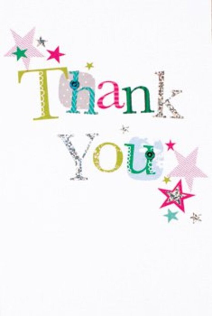 With quiet exuberance, this thank you card captures the joyful mood of Lisson Grove with its artful brilliance. Each letter in 'Thank You' has a personality of its own-some playfully dotted, others gracefully curved, all united by a palette of dazzling colour: sparkling silver, vibrant pinks, leafy greens, and tranquil blues. The artistry is evident in the stitched flourishes and soft glints that echo handcrafting traditions found in local studios near Lisson Grove station. Stars orbit the message like blessings, their hues ranging from fuchsia striped with silver to rich turquoise and golden shimmer, reminiscent of the neighbourhood's mosaics and festive lights. The card's background is a flawless white, airy and untroubled, allowing every colour and detail to radiate unimpeded. There's a sense of spontaneous celebration-the kind you'd feel in a sunlit park or walking through Grahame Street after a cheerful market day. This card's sophisticated yet playful presence would rest beautifully beside a bespoke bouquet from a trusted NW8 florist, extending a sentiment of gratitude that is as uplifting and memorable as receiving flowers from Flowers Lisson Grove. It strikes a universal note, blending warmth and poise in a way that makes the appreciation it carries feel as lasting and special as a heartfelt thank you shared between neighbours.