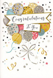 This congratulations card design is like a delicate paper celebration, evoking the same mixture of excitement and grace you might feel walking through Lisson Grove on an evening when someone nearby is quietly celebrating success. The image shows a generous bundle of illustrated balloons floating together in a loose bouquet. They overlap and layer in tones of gold, silver, champagne, soft blue, pastel pink, and misty grey, each with its own decoration: tiny metallic stars, glowing speckles, and fine, glittered lines. The balloons seem to catch invisible light, giving them a gentle shimmer similar to the glow of windows along quiet streets near Regent's Park. Slim, trailing ribbons in metallic gold and silver cascade downwards, looping and twisting as if just tied by a careful hand that appreciates small details, much like a florist finishing an elegant arrangement. Around the balloons, scattered stars, swirling streamers, and confetti-like dots animate the pale background, suggesting joyful movement without overwhelming the design. At the heart of the scene, a softly curved banner carries the message Congratulations To You in flowing, handwritten-style script that feels personal and sincere rather than formal and distant. The atmosphere is one of airy happiness-tasteful, uplifting, and versatile enough for exam results, a big promotion in nearby Marylebone offices, or a special personal milestone. The card itself feels like a keepsake of the moment, echoing the same pride and warmth that come with presenting a celebratory bouquet to someone who truly deserves to be honoured.