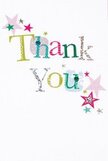 In this thank you card, a soft yet unmistakable joy seems to rise from every vibrant detail, reflecting the lighthearted character of Lisson Grove. The words 'Thank You' appear in lively, playful type, each letter shaded with a unique combination of shimmering silver, radiant green, cherry-blossom pink, and sky blue. Some letters are speckled with whimsical dots or bordered by dainty stitched patterns, suggesting the tender artistry of handcrafted cards found at local Lisson Grove shops. Scattered stars in hues of pink, teal, and subtle gold orbit the message, evoking a mood of genuine celebration-the kind felt during a neighbourhood festival or an unexpected act of kindness at the local deli. The background is spotless and white, lending an aura of space and calm while allowing every colour and twinkling detail to capture attention. This card feels like a handwritten note exchanged between friends after a sunny stroll by the canal, where gratitude is heartfelt and easily shared. Imagine receiving it alongside a beautiful arrangement delivered from Flowers Lisson Grove; its whimsical spirit, soothing textures, and sincere message perfectly complement a moment of appreciation, echoing the warmth and friendliness that define our local community.